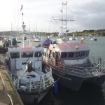 RV Cosantóir Bradán and RV Keary alongside in Crosshaven. Note the tow-mount for the multibeam sonar on on the Cosantóir Bradán which is in the raised position