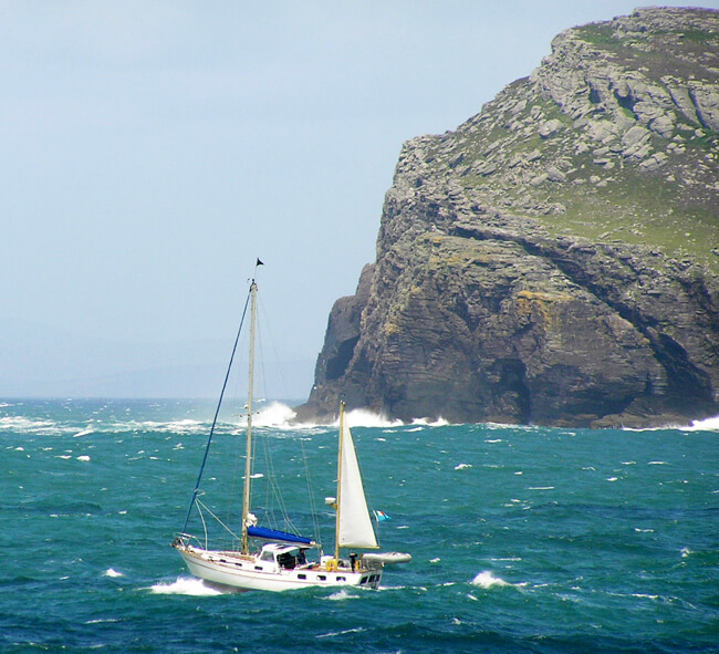 Leaving Courtmacsherry the crew face into heavy weather, bound for Dingle. Photo Paul Calvert