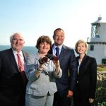 Pat Colgan, SEUPB; Minister Arlene Foster; Minister Simon Coveney and Yvonne Shields, CIL at Blackhead Lighthouse, Co Antrim
