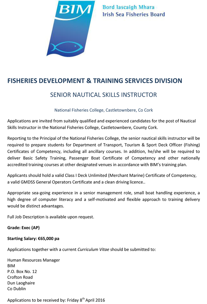 BIM Vacancy Nautical Skills Instrucutor 2016 edited 1