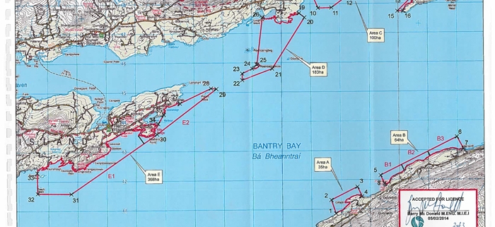 Bantry Bay foreshore licence map of mechanical seaweed harvesting site